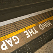 View of the gap between a subway car and a platform