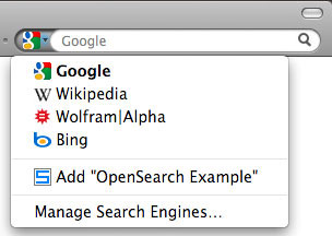 The Firefox search bar with a linked OpenSearch example on the bottom.