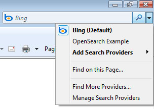 The Internet Explorer search bar listing the OpenSearch example.