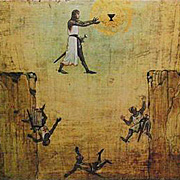 Painting of person walking on thin air across a pit